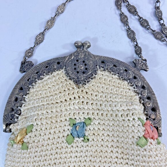 Vintage Christiana Brand Handbag Purse Ribbon Embroidered Chain Strap Ivory - Picture 4 of 16
